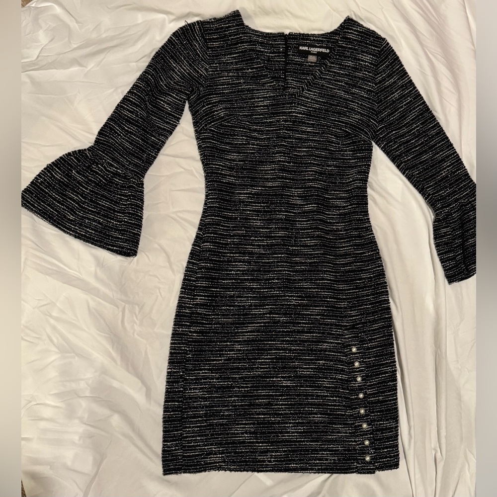 Karl Lagerfeld Tweed Sheath Bell Sleeve Pearl Buttons Size 0